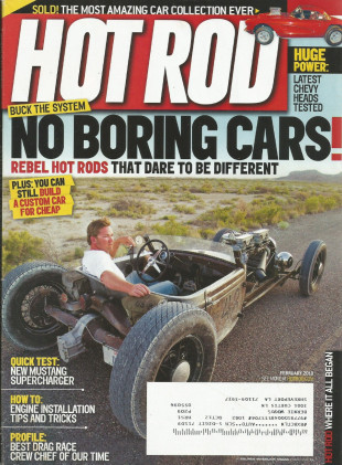 HOT ROD 2010 FEB - FLINTSTONE, CAR-BIKE, RARE MUSTANG IIs, #12 COKE RACER